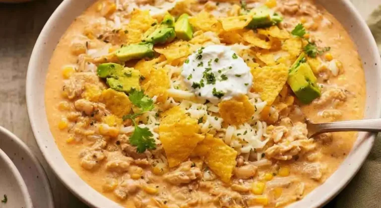 Easy White Chicken Chili Recipe 9 Bowl of creamy white chicken chili topped with cilantro, lime, and tortilla chips.